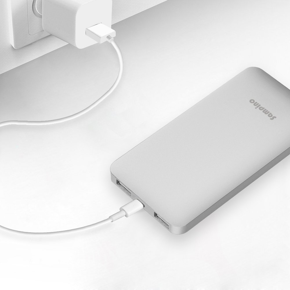 Sampino 5000 mAh Phone Charger for iPhone or Pokeman Go,1.0/2.1A Output External Battery Power Bank Dual USB Ports for iPhone Samsung Blackberry Microsoft HTC Portble DVD (Silver)