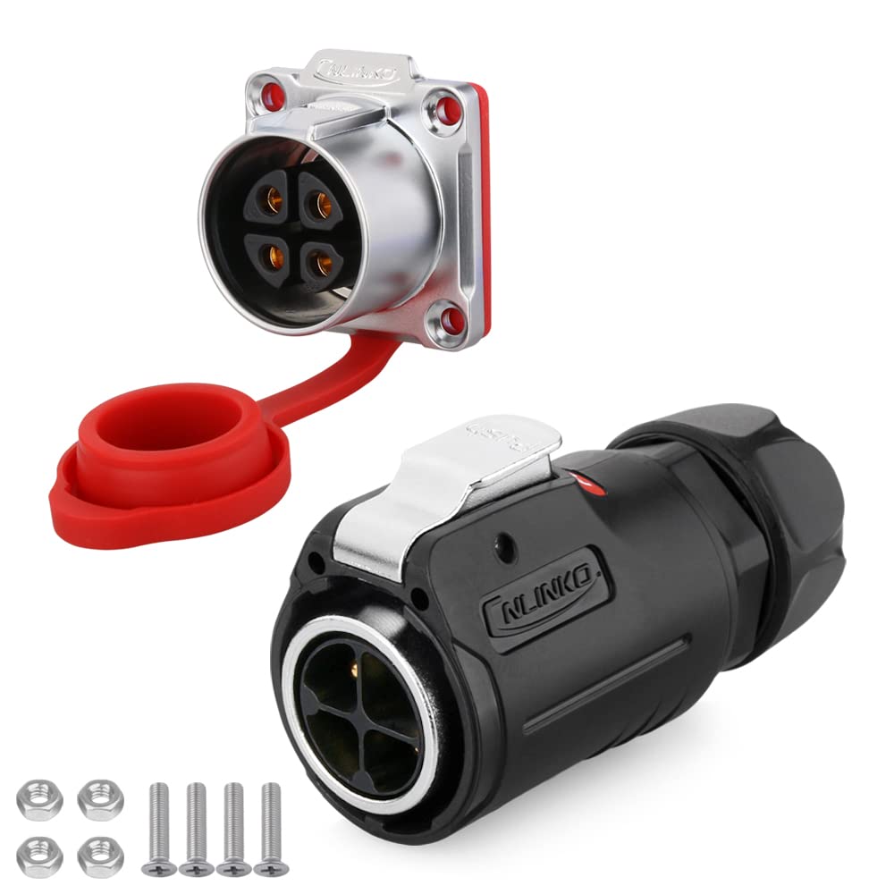 CNLINKO LP-24 4 Pin Waterproof Connector 25A 500V AC Quick Plug Circular Connector PBT Plastic Shell Fast Release Aviation Connector M24 Flange Socket (4 Pin)