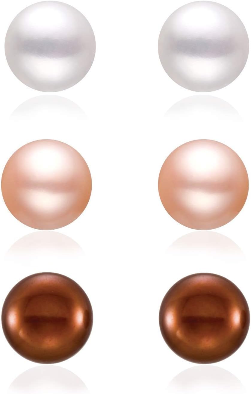 Boxed Set 3 pairs 8mm Genuine Freshwater Cultured Pearl Stud Earrings in 925 Sterling Silver ✦June Birthstone✦