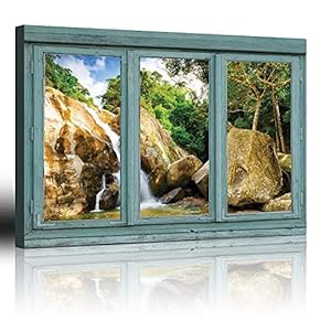 Vintage Teal Window Looking Out Into a Rocky Waterfall