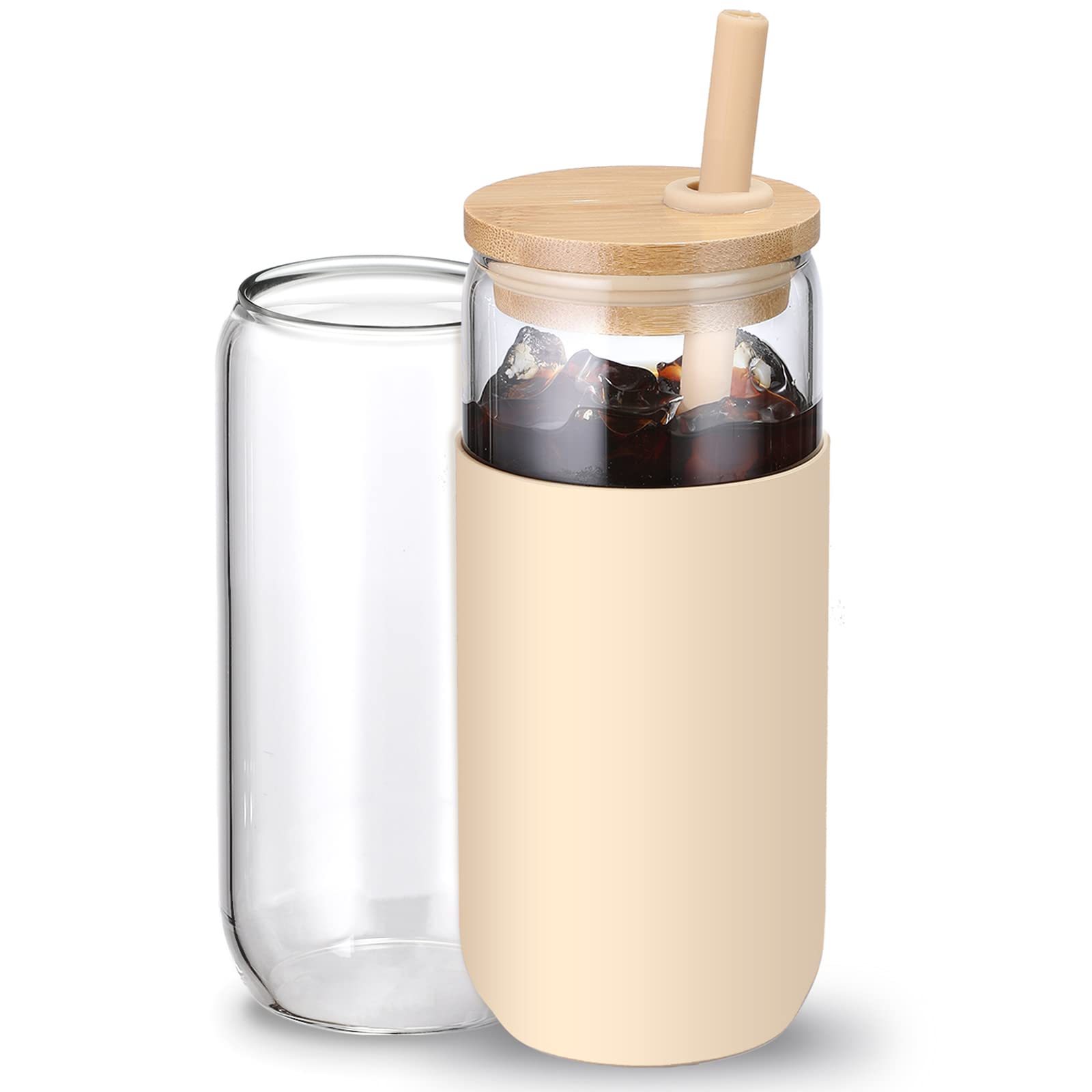 Photo 1 of 20oz Glass Water Tumbler with Silicone Protective Sleeve - Beer Can Glass Cups with Straw and Bamboo Lid, Iced Coffee Glasses, Cute Drinking Glasses for, Water Smoothie, Boba Tea, Gift - Amber