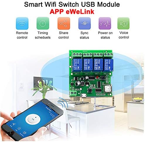 Interruptor WiFi Smart Switch Mdulo Rel 4 Canales Comando de Voz con Alexa Google Modalidad Momentary Self Locking para Garaje Luz APP eWeLink DC 5V 32V