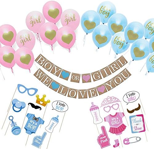 Fonder Mols Boy or Girl Gender Reveal Decorations 66pcs - Boy or Girl Banner Balloons Photo Booth Props for Pregnancy Announcement- ALL IN ONE