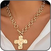 Stringex Chunky Gold Cross Pendant Necklace for Women Hammered Bold Statement Cross Choker Necklace Adjustable OT Buckle Chain Necklace Jewelry Gift for Her