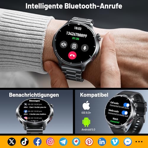 SLOKSFil Smartwatch Men's 1000 mAh Battery/1.52 Inch HD Touch Screen, with Bluetooth Calls/110+ Sports Modes/24H Heart Rate/IP68 Waterproof/Sleep Monitor, Pedometer, Fitness Watch, Android iOS (Black)