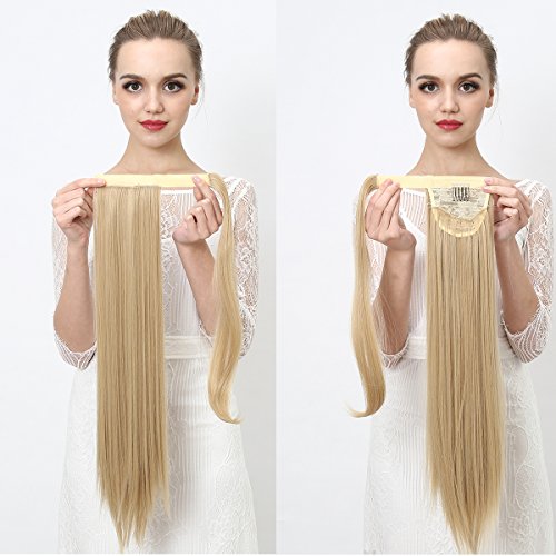 SARLA Women's 1Pc Straight Long Ponytail Hair Extensions Heat-Resisting Synthetic Ponytails Pony Tail Clip Hair Piece (27H613 Golden/Beach Blonde)