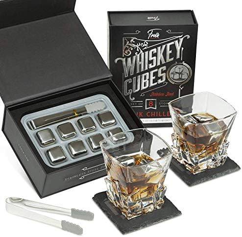 Frolk Whiskey Stones Gift Set for Men & Women -8 Stainless Steel Whisky Ice Cubes, 2 Slate Stone Coasters, Special Tongs & Freezer Pouch in Luxury Gift Box. Best Man Gift for Whiskey Lovers!