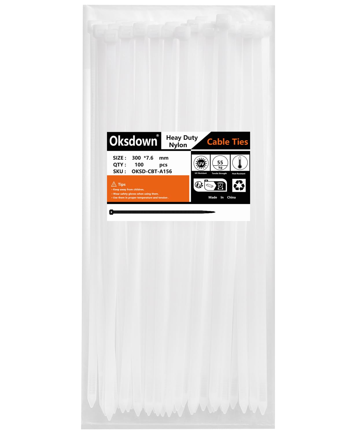 Oksdown 100 Pack White Plastic Cable Ties 300mm×7.6mm Strong Nylon Heavy Duty Self Locking 12 inch/30 cm Long Zip Tie Wraps