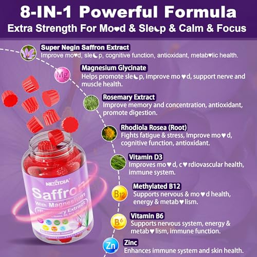 Happy Saffron Supplements Gummies - 4 Months Supply -Saffron Extract 177mg 88.5mg, w/ Magnesium Glycinate 400mg 200mg, Rhodiola, Rosemary, Vitamin D, B6 B12 for Rest, Mood, Calm, Focus, Sugar-Free
