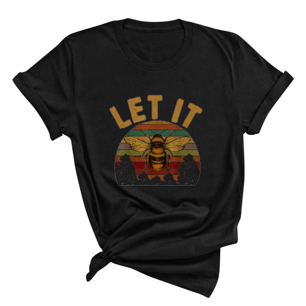 Women's Short Sleeve Tops Novelty Funny Let It Letter Print Basic T-Shirts with Bee Pattern Summer Casual Personalised Graphic Tees Going Out Clothing Club Party Clothes Blouse Tunic