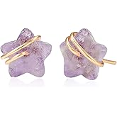 QLYOVWE Raw Gemstone Star Stud Earrings for Women Handmade Star Chakra Healing Crystal Earrings Amethyst Raw Rose Quartz Gemstone Prong Stud Earrings Birthstone Jewelry Gift Ideas