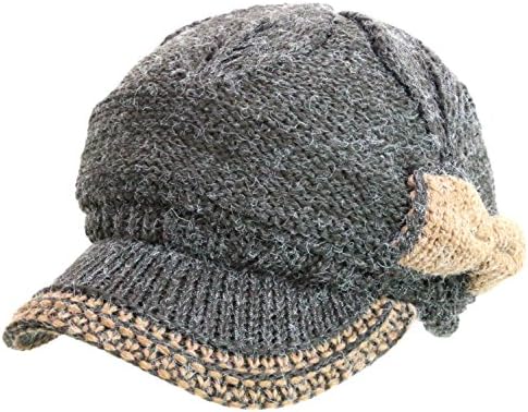 Women's Chunky Knitted Metallic Thread Double Layer Visor Beanie Hats (RIBBONE, DARK GREY)