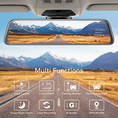 TOGUARD 12" 2.5K Mirror Dash Cam for Cars GPS Voice Control Rear View