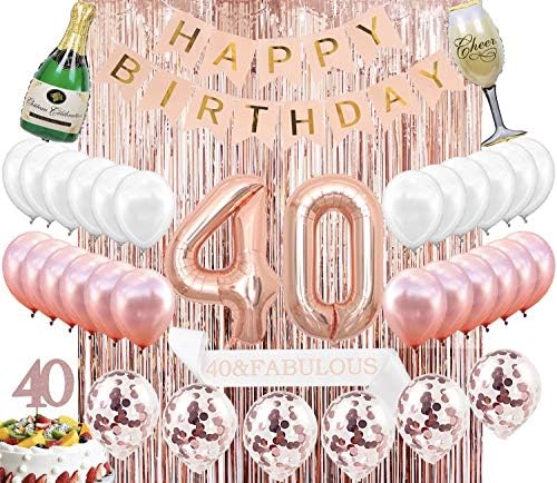 Sllyfo 40th Birthday Decorations Party Supplies Kit - 40th Birthday Gifts for Women,40 Cake Topper|Banner|sash|Rose Gold Curtain Backdrop Props|Confetti Balloons|Champagne Balloon. (40)