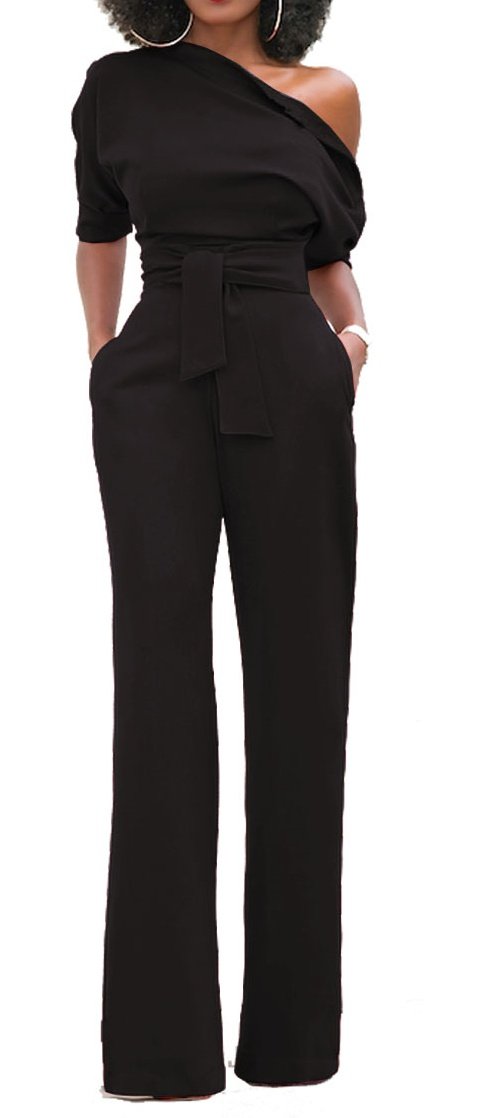Elastic Waist 3/4 Sleeve Off Shoulder Jumpsuit Romper Women Plus Size Black XL