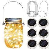Solar Mason Jar Lid Lights,6 Pack 30 Led Fairy Firefly String Jar Lids Lights,6 Hangers Included(No Jars),Outdoor Solar Lantern for Patio Yard Garden Wedding Party Table Decor