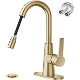 Phiestina Brushed Gold Tall Bathroom Sink Faucet with Pull Down Sprayer, High Arc Single Handle Pull Out Faucet with Pop-Up Drain, 1 or 3 Hole Laundry Bar Basin Faucet with Deck Plate,WE10CL-ZY-BG