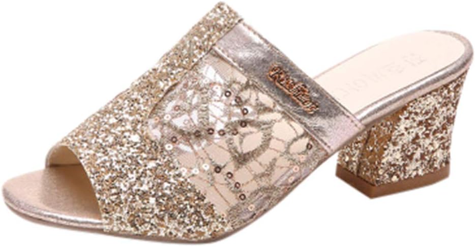 MOTOCO Women's Sandals Fashion Slip on Peep Toe Hollow Mesh Crystal Sequins Slipper High Heel Casual Shoes