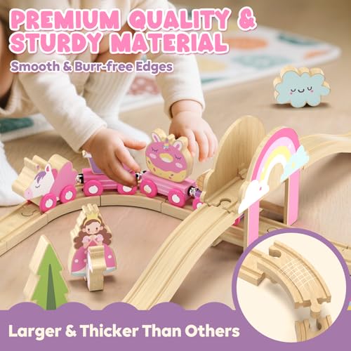 Lehoo Castle Wooden Train Set - Unicorn Train Set for Toddlers 2-4, Wooden Train Track Toddler Girl Toys, Pink Train Fantasy Toys for 3 4 5 6 7 Year Old Girl