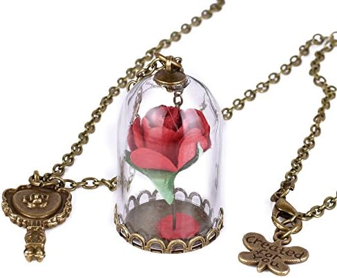 HOMEY INN Beauty and the beast necklace Rose Crystal Pendant Necklace A Classic Glass Flower Key Necklace … (Bright Red)