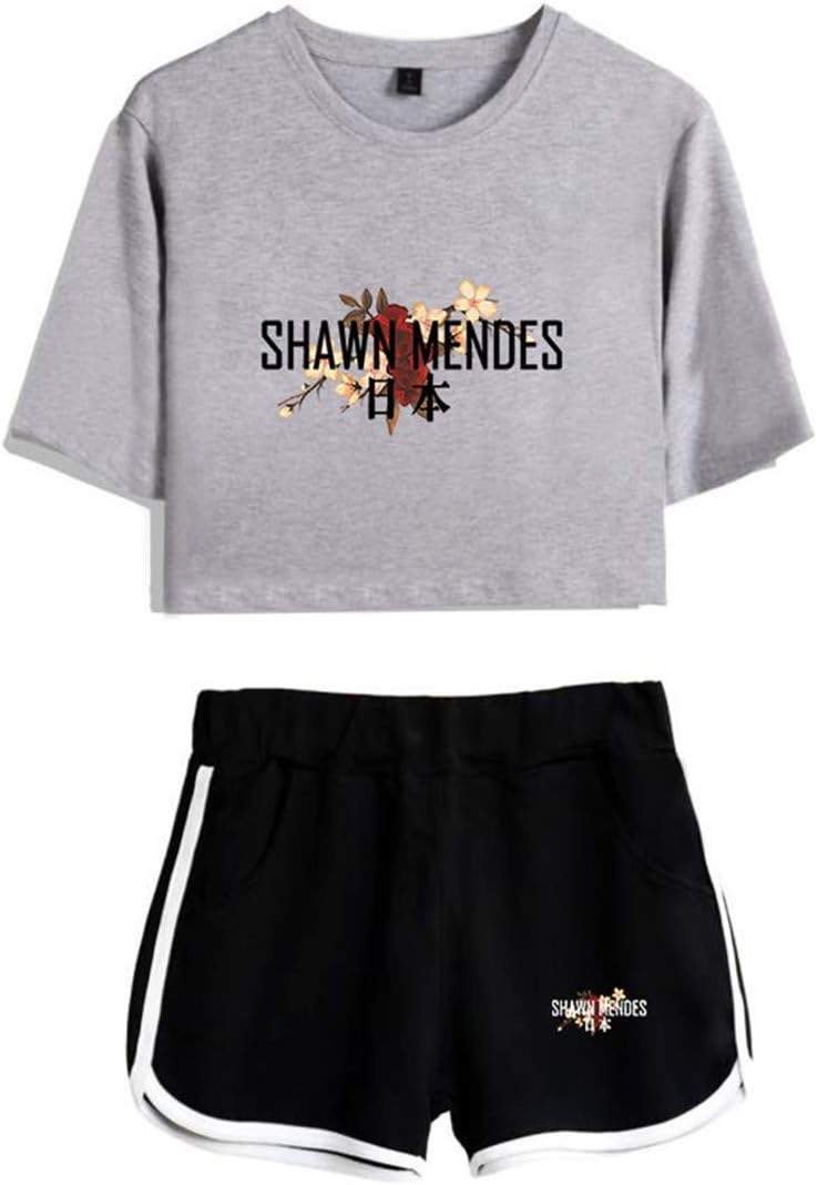 Silver Basic Womens T-Shirt with Shawn Mendes 98 Prints Crop Top & Short 2 Pieces