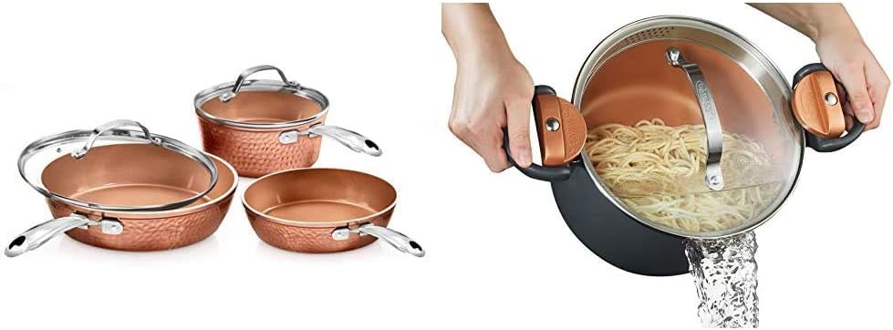 Gotham Steel Premium Hammered Cookware - 5 Piece Cookware, Pots and Pan Set with Triple Coated Nonstick Copper Surface & 5 Quart Multipurpose Pasta Pot with Strainer Lid & Twist and Lock Handles