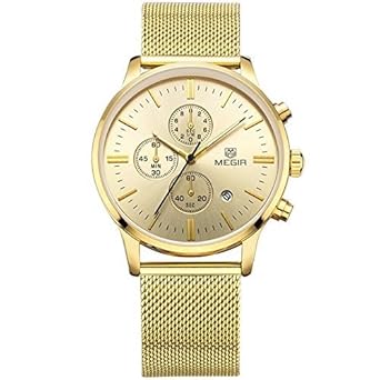 MEGIR 2011 Luxury Brand Chronograph Watch with Golden Mesh Strap for Men