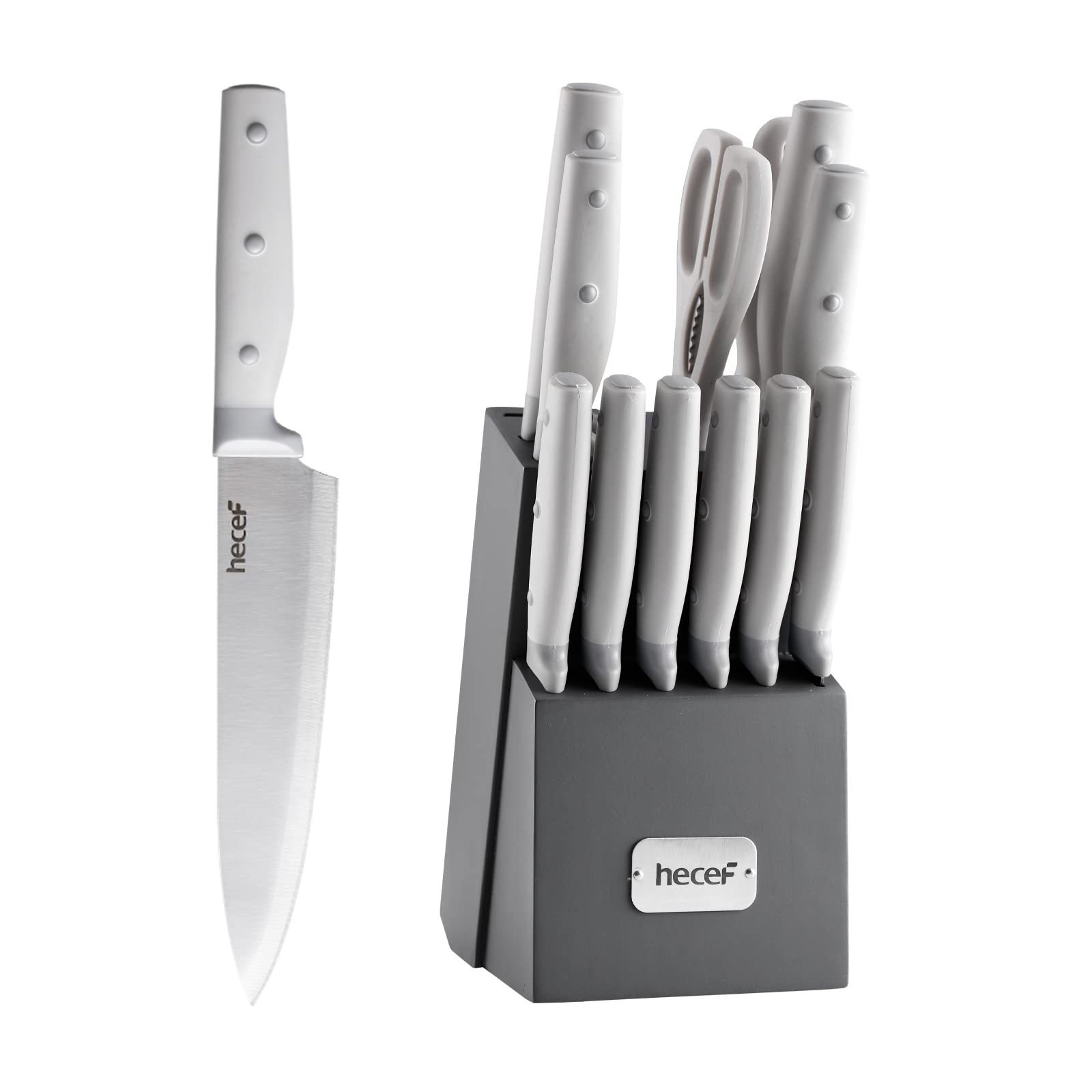 Photo 1 of hecef Kitchen Knife Block Set, 14 Pieces Knife Set with Wooden Block & Sharpener Steel & All-purpose Scissors, High Carbon Stainless Steel Cutlery Set (Grey)