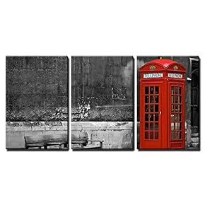 3 Piece Canvas Wall Art - British Phone Booth with Weathered Wooden Bench - Modern Home Art Stretched and Framed Ready to Hang - 16"x24"x3 Panels