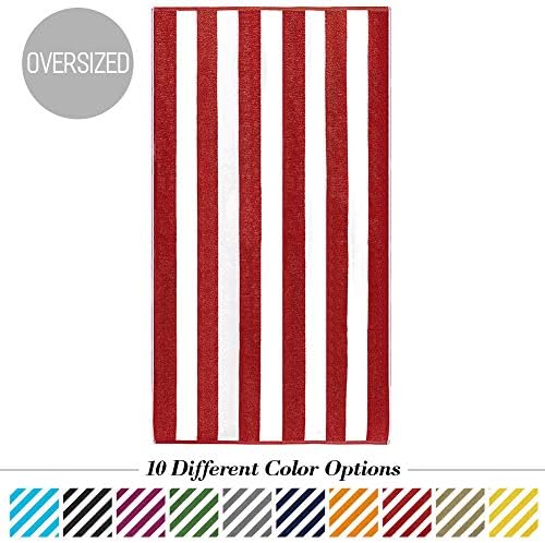 Caravalli Egyptian Cotton Beach Towel, Windsor Oversized Luxury Resort Towel with Large Stripes, Over Sized Super Soft Ulta Absorbent Striped Spa Towels, Thick Cabana Stripe Bath Towel (Red)