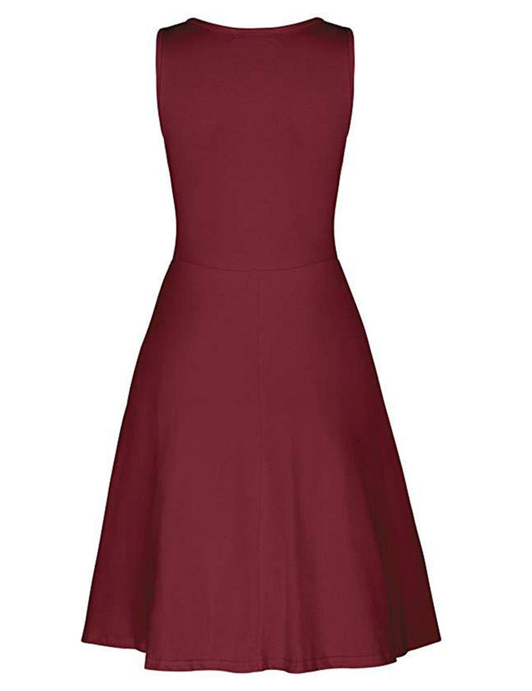 Meflying Women Casual V Neck Solid Color Pleated Sleeveless Midi Dress Dresses Wine Red