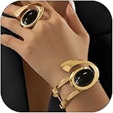 Vintage Gold Open Bracelet Ring Set Exaggerated Oval Black Acrylic Bracelet Ring Set Trendy Jewelry Set For Women