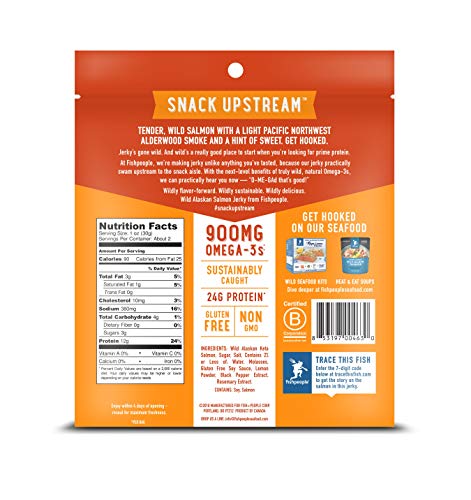 Fishpeople Wild Alaskan Salmon Jerky, Sweet + Smoky Original, 2.15 ounce (3 pack), 24g Protein and 900mg Omega-3s per bag, Low sugar, Gluten-free, Antibiotic-free, Non-GMO.