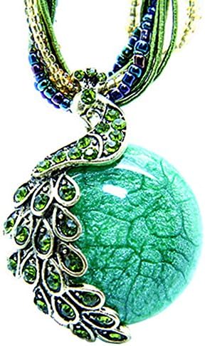Women's Vintage Bohemia Style Phoenix Peacock Crystal Diamond Opal Pendant Necklace