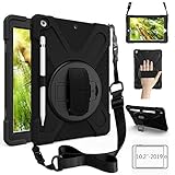 ZenRich New iPad 10.2 Case 2019, iPad 7th Generation Case with Pencil Holder, Rotatable Stand Hand Strap and Shoulder Belt, Shockproof Case for iPad 10.2 inch 2019 Tablet A2197/A2198/A2199/A2200-Black