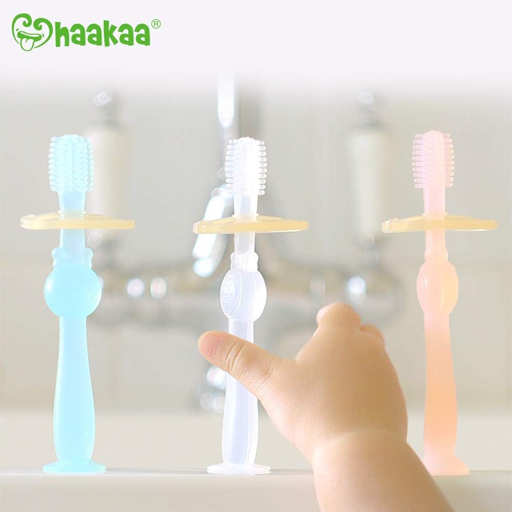 haakaa 360° Silicone Baby Toothbrush Teether with Suction Base Infant Toothbrush Training Massage Teether for Baby,1pc (Blue) - Image 5
