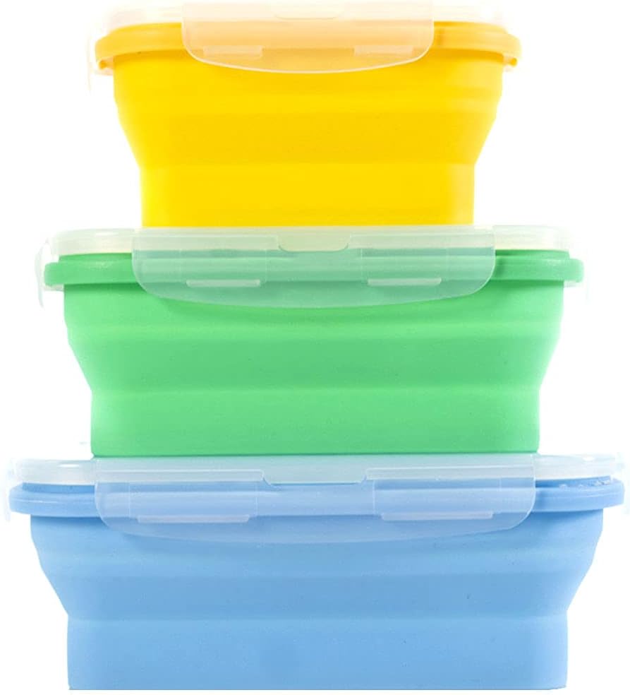 CLEACE Collapsible Silicone Food Storage Containers with BPA Free Airtight Plastic Lids - Kitchen Folding Lunch Boxes for traveling and camping(350ml+500ml+800ml) (multicolor)