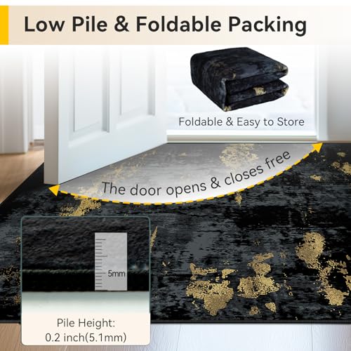 RELEANY Washable Area Rug 8'x10' Non-Slip Indoor Modern Abstract Low Pile Soft Carpet Rugs for Living Room Bedroom Home Entryway, Print Pattern, Dark Black Gold