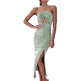 Heysolo Women Summer Cut Out Dresses Backless Halter Neck Side Slit Backless Sleeveless Ruched Party Club Dress