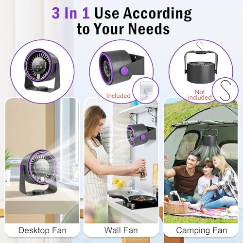 Silent Table Fan, Powerful USB Rechargeable Battery Powered Fan 3 in 1 Portable Fan 5 Speed 360° Adjustable Desk Fan for Camping Office Kitchen Camper