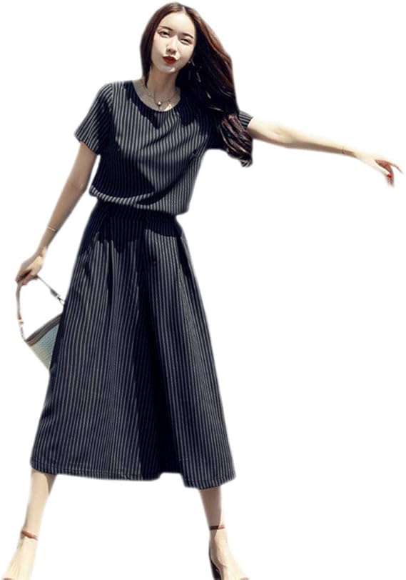 Amazon 夏服 半袖 セットアップ レディース クルーネック ストライプ 半袖tシャツ ワイドパンツ 2点セット 通勤 オフィス カジュアル スーツ 普段着 部屋着 夏物 無地 M 3xl Tシャツ カットソー 通販