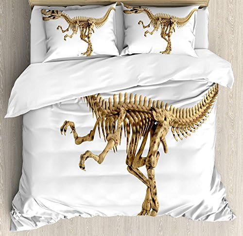 Kinhevao Dinosaur Duvet Cover Set Queen Size, Fossil Dino Skeleton Bones Realistic Image Dangerous Dead Extinct Reptile, Decorative 3 Piece Bedding Set with 2 Pillow Shams, Light Brown White