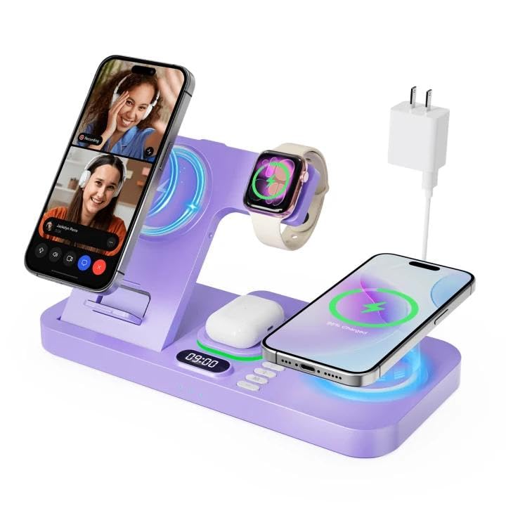 Dual Phone Magnetic Wireless Charging Station for Apple Ecosystem, Wireless Charging Station for Apple Devices with Auto Switch 7-Color Light & Clock,for iPhone17,for iwatch10, for AirPods Pro3（Puple
