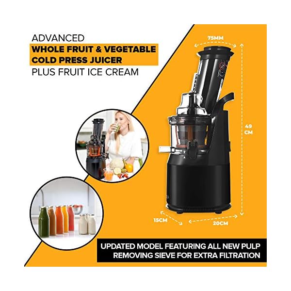 Powerful-Masticating-Juicer-for-Whole-Fruits-and-Vegetables-Fresh-Healthy-Juice-Sorbet-Ice-Cream-Wide-Mouth-75mm-Feeding-Chute-BPA-Free-240-Watt-Cold-Press-Black-Stainless-Steel-Fridja-f1900 FRIDJA Powerful Masticating Juicer for Whole Fruits and Vegetables, Fresh Healthy Juice, Sorbet, Ice Cream, Wide Mouth…