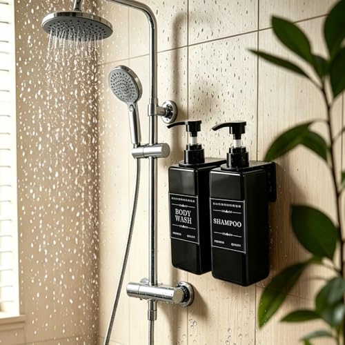 Prebarfun 5Pack Shampoo and Conditioner Dispenser, 500ml Wall Mounted Soap Dispenser, Refillable Shower Bottles, Plastic Pump Bottle with Funnel, Waterproof Labels, for Bathroom, Kitchen,Hotel (Black)