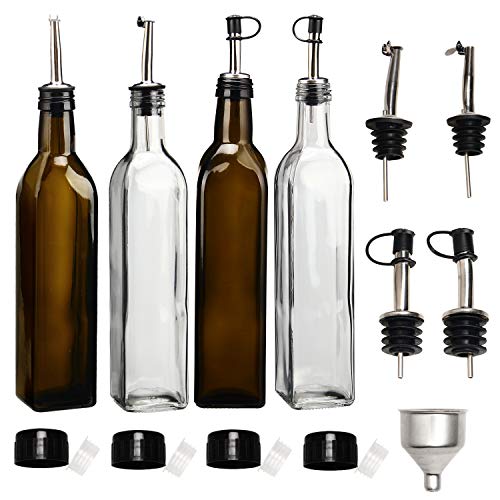 RUCKAE Olive Oil Dispenser Set,4 pcs 17oz Olive Oil Bottles + 4 pcs Olive Oil Spout+Funnel,Olive Oil Bottle and Vinegar Bottle Glass Set for Kitchen