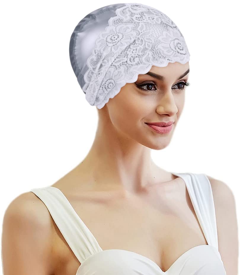 Womens Swimming Cap Ladies Waterproof Swim Cap Lace Flower Swimming Hat Bathing Caps Comfortable Beach Surfing Ears Protection Caps Super Elastic Turban Swim Hat for Long Hair Short Hair