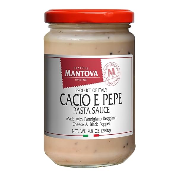 MANTOVA CACIO E PEPE PASTA SAUCE, 9.8 OZ. (PACK OF 2), PRODUCT OF ITALY, 100% ITALIAN, ALL-NATURAL INGREDIENTS, PARMIGIANO REGGIANO PDO, PECORINO ROMANO PDO, BLACK PEPPER, TRADITIONAL, READY-TO-EAT SAUCE FOR SPAGHETTI, RIGATONI, FETTUCINE, FUSILLI, GNOCCHI, AND OTHER PASTA, CREAMY, PEPPERY FLAVOR, NO ARTIFICIAL COLORING, FLAVORING OR PRESERVATIVES