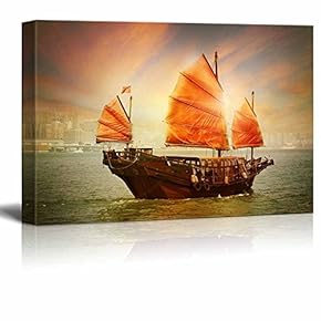 Hong Kong Junk Boat at Sunset Vintage Retro...