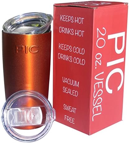 PIC Cups 20 oz Vacuum Insulated Double-Walled 18/8 Stainless Steel Travel Mug - Red / Burnt Orange Powder Coated Coffee Cup Flask Metallic Sparkles Tumbler Bonus Slider Lid